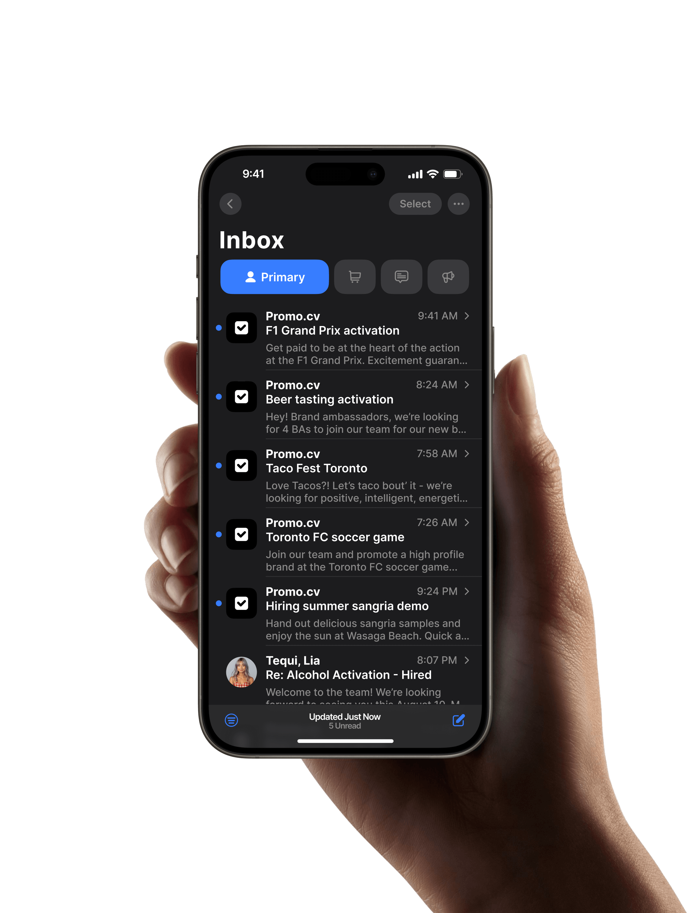 Mockup of email client with examples of job postings.