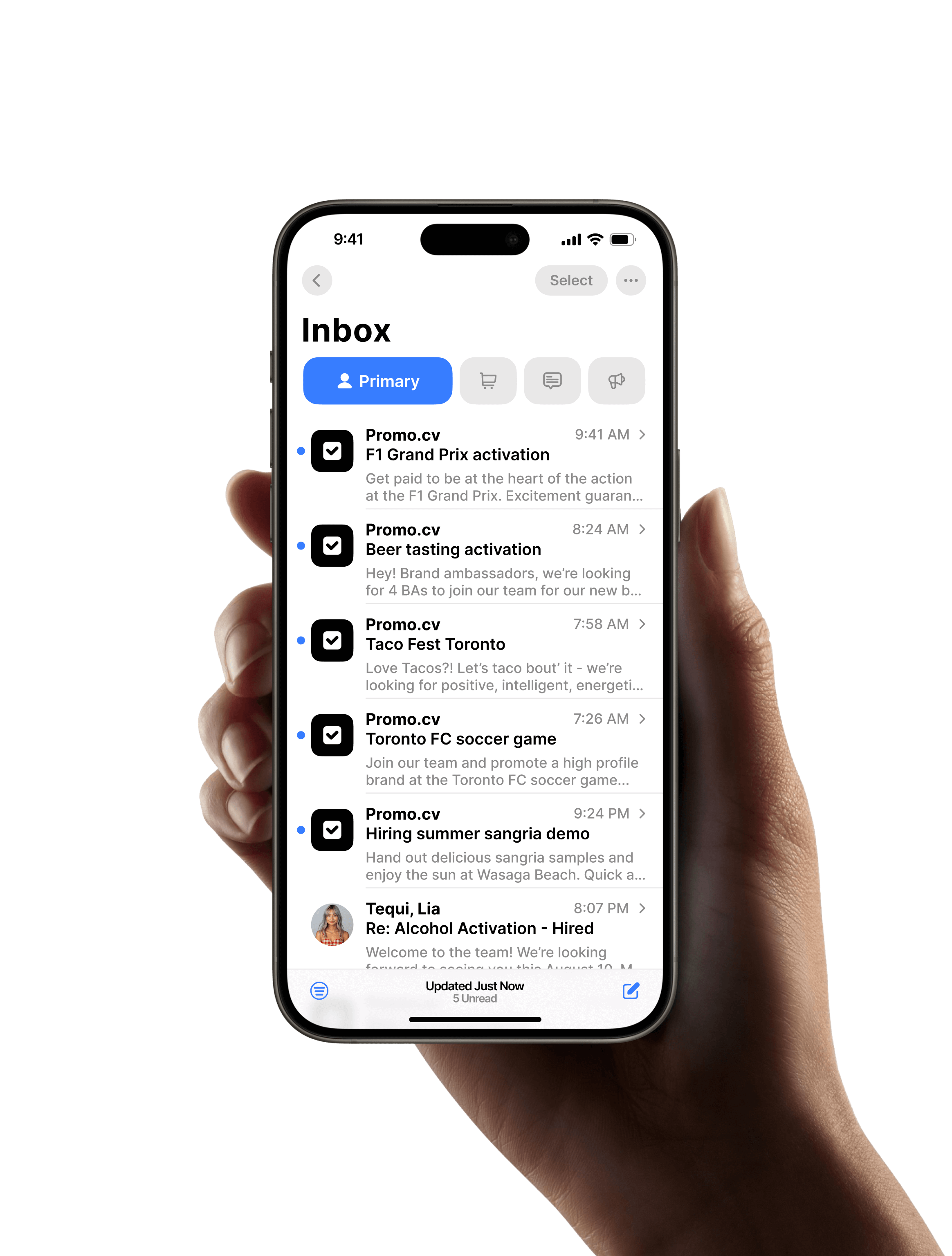 Mockup of email client with examples of job postings.